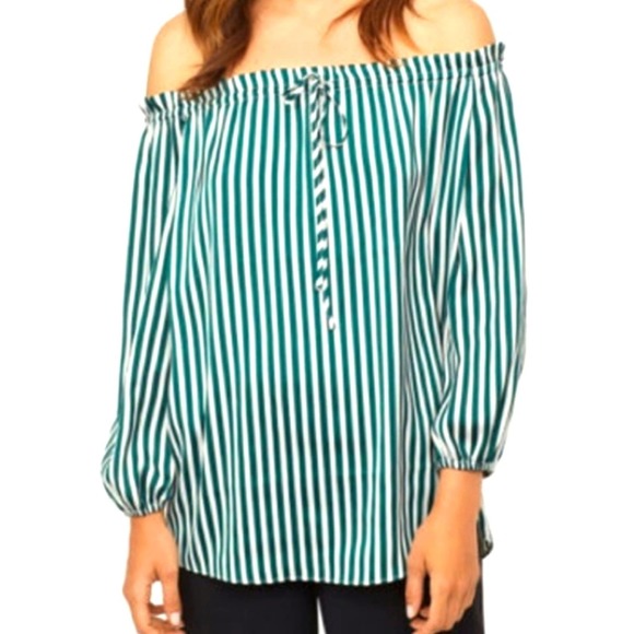 H&M Green Stripe Off-the-Shoulder Top Size 12 - Picture 2 of 12